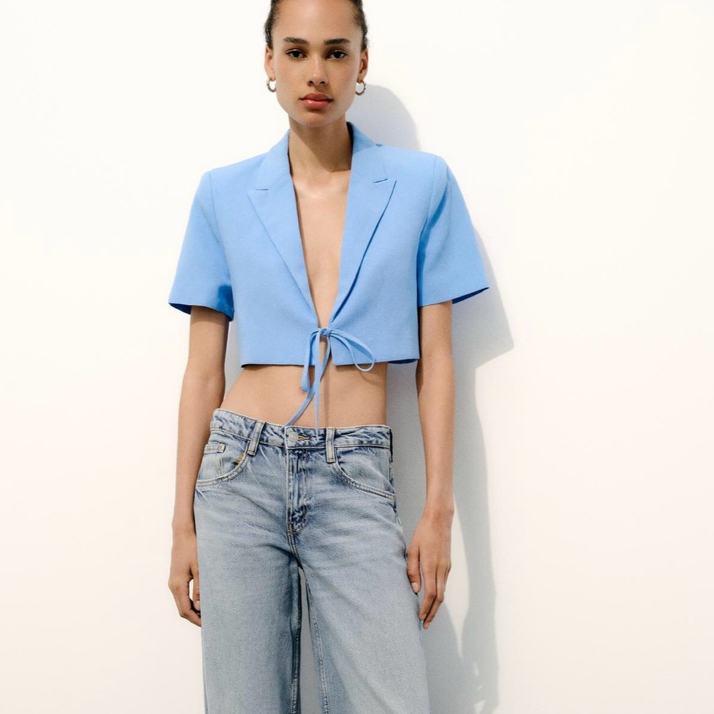 New blue Zara tied short sleeve blazer